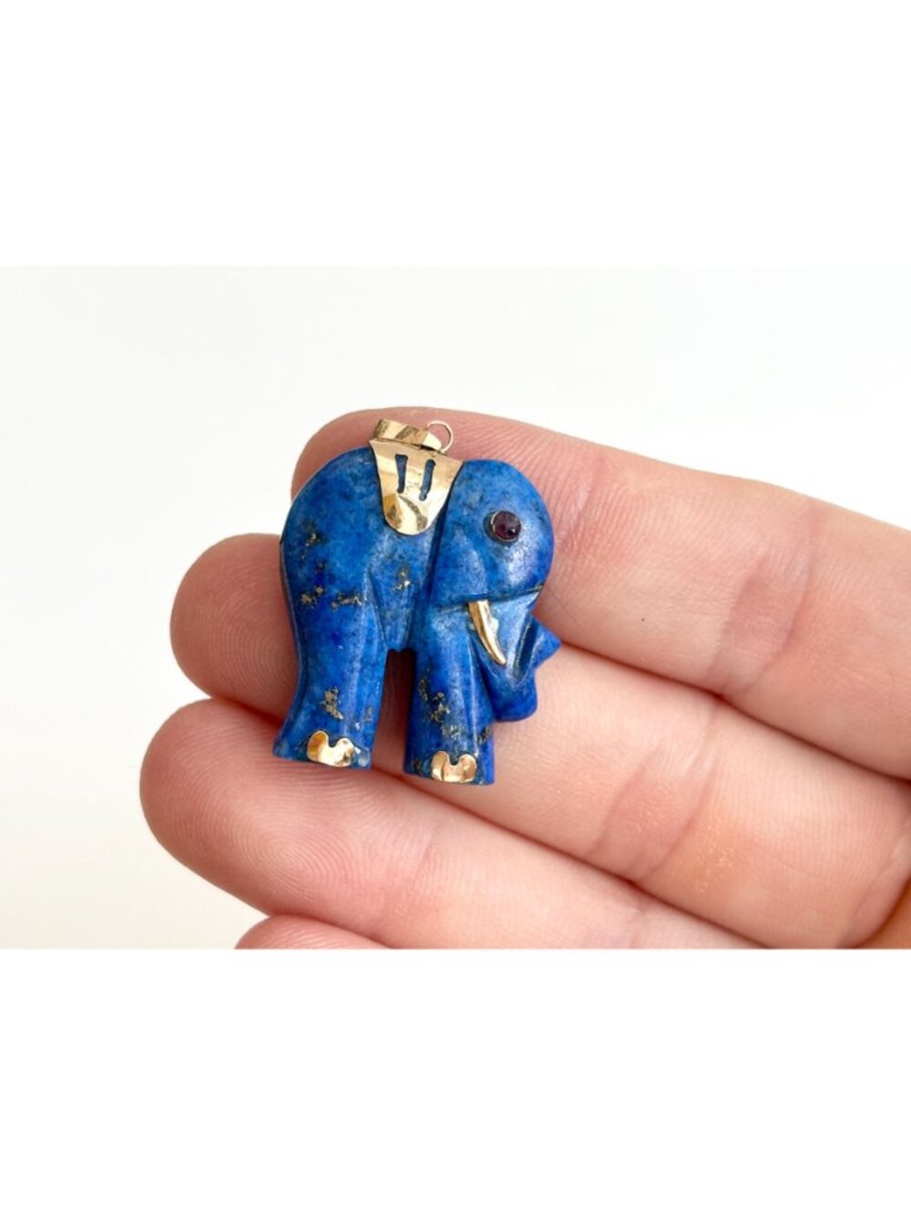 Lapis Lazuli Lucky Elephant Gold Overlay Sterling Silver 925 Vintage Pendant - Picture 4 of 9
